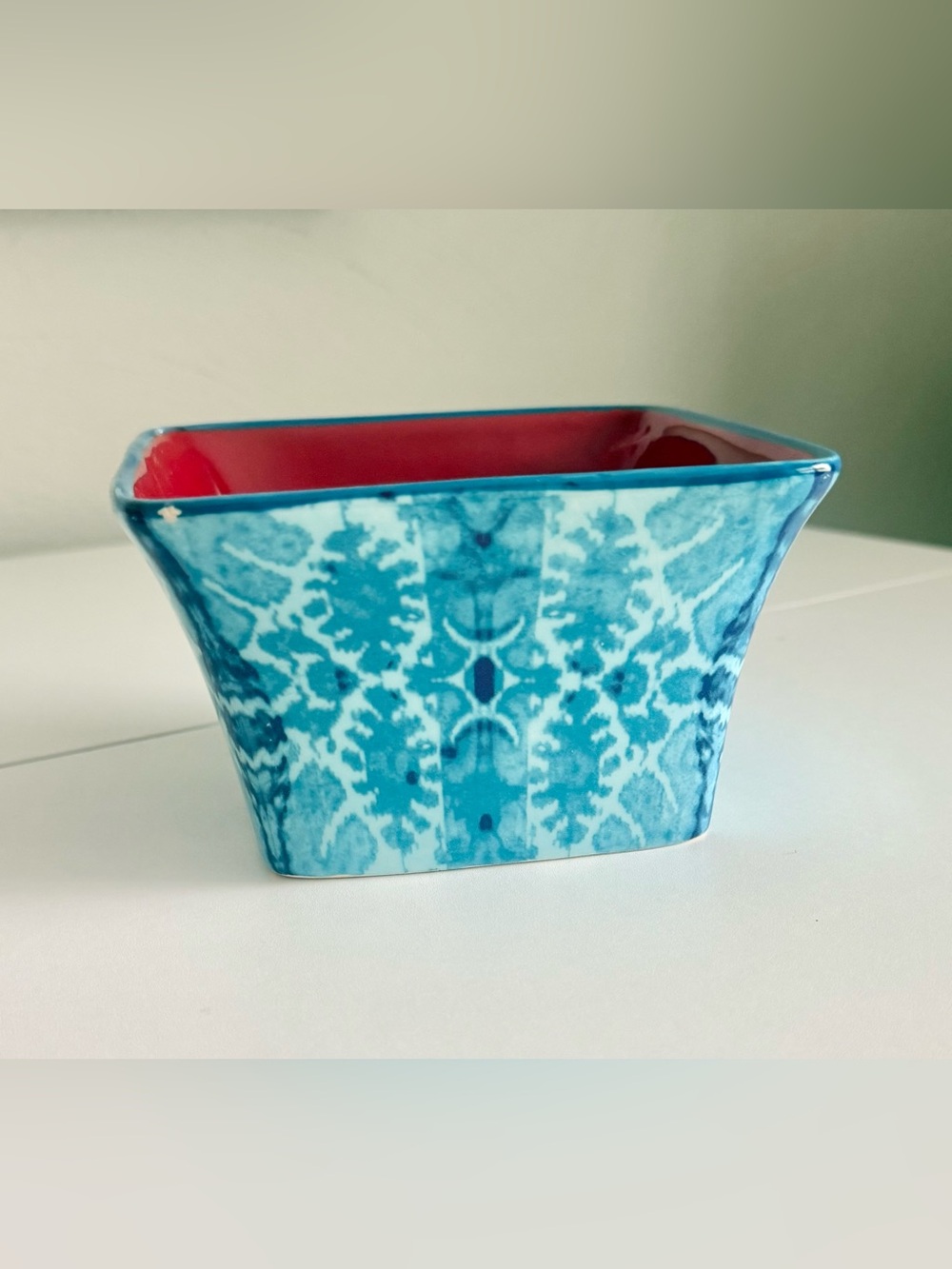 Blue Patterned Ceramic Bowl with Red Interior